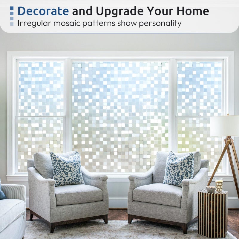 rabbitgoo Window Privacy Film Stained Glass Window Film, 3D Square Mosaic Decorative Static Cling Glass, Removable Vinyl UV Blocking Stickers for Home, 35.4 x 78.7 inches - Image 2